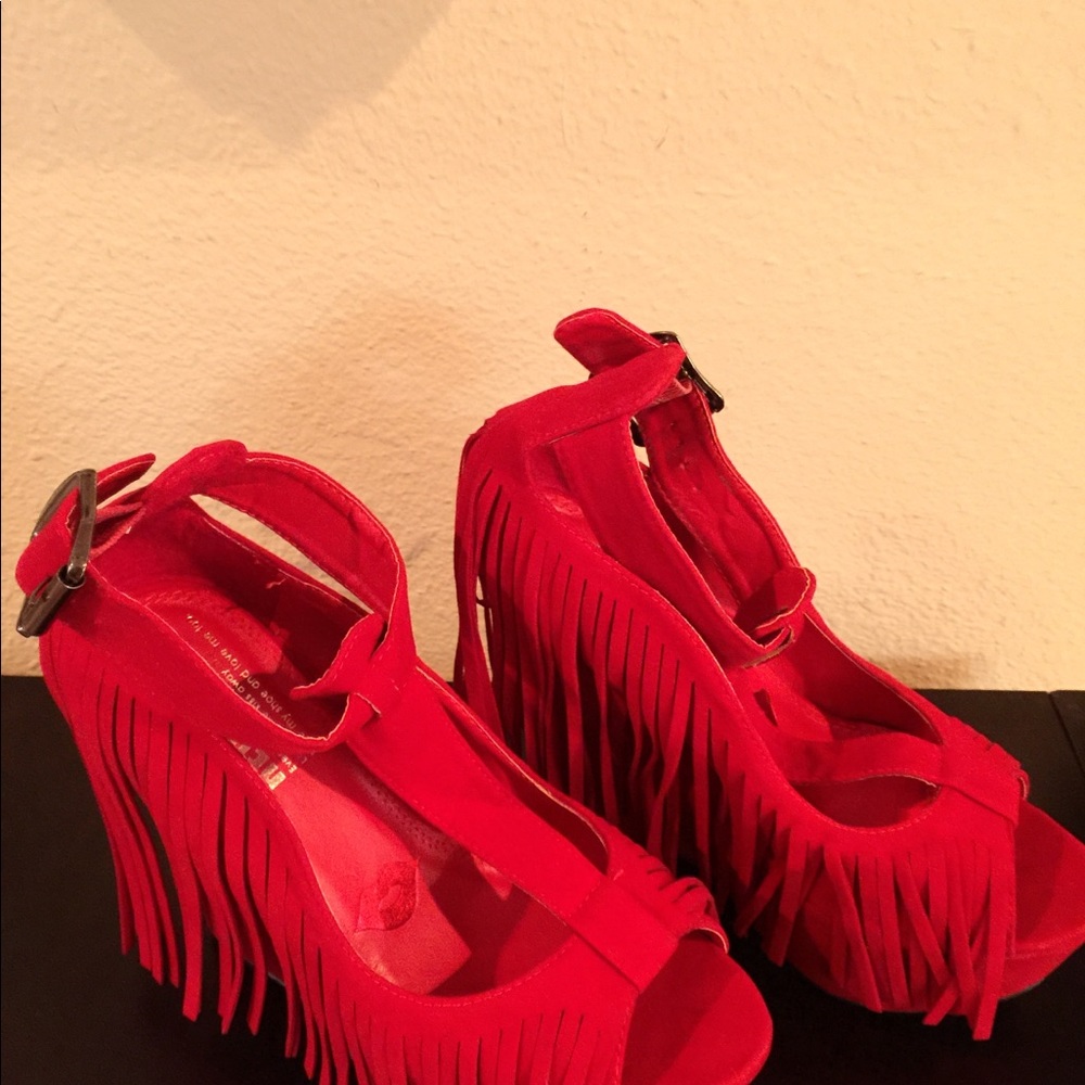 Red Fringe Wedge Suede Platform Shoes